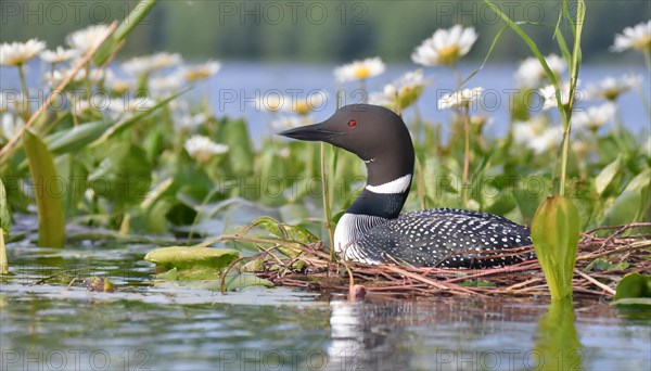 Ai generated, animal, animals, bird, birds, biotope, habitat, a, individual, swims, waters, breeds, nest, reeds, water lilies, blue sky, foraging, wildlife, summer, seasons, loon, (Gavia immer), tundra, Greenland, Iceland, Canada, loon, winters on the coasts of Europe, North America