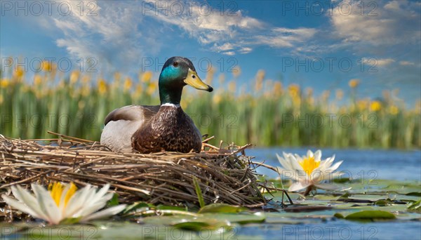 Ai generated, animal, animals, bird, birds, biotope, habitat, a, individual, swims, waters, reeds, water lilies, blue sky, foraging, wildlife, summer, seasons, mallard, male, drake, broods, nest, (Anas platyrhynchos, swimmer, goose family)