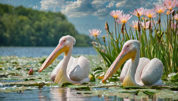 KI generated, animal, animals, bird, birds, biotope, habitat, two, swim, waters, reeds, water lilies, blue sky, foraging, wildlife, summer, seasons, dalmatian pelican (Pelecanus crispus)