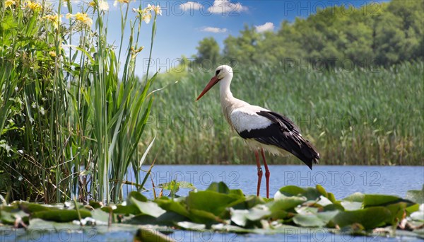 Ai generated, animal, animals, bird, birds, biotope, habitat, a, individual, swims, waters, reeds, water lilies, blue sky, foraging, wildlife, summer, seasons, white stork, stork, (Circonia circonia)