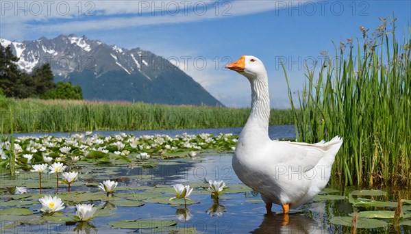 Ai generated, animal, animals, bird, birds, biotope, habitat, an, individual, swims, waters, reeds, water lilies, blue sky, foraging, wildlife, summer, seasons, domestic goose, geese, geese, geese birds, (Anser anser)