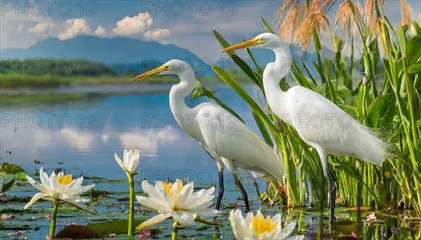 KI generated, animal, animals, bird, birds, biotope, habitat, two, waters, reeds, water lilies, blue sky, foraging, wildlife, summer, seasons, cattle egret (Bubulcus ibis)