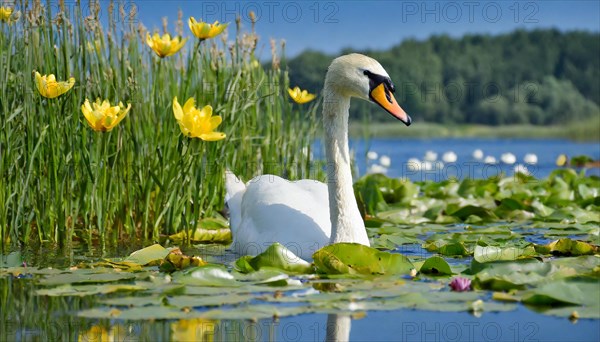 KI generated, animal, animals, bird, birds, biotope, habitat, a, individual, winter, ice, snow, water, reeds, blue sky, foraging, wildlife, seasons, mute swan (Cygnus olor)