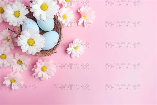 Top view of blue Easter eggs in nest with large white flowers on pink background with copy space. KI generiert, generiert AI generated