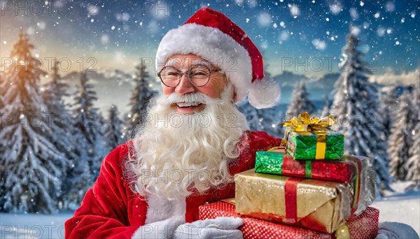 AI generated, man, 70+, Father Christmas, red coat, backpack, full beard, winter, snow, ice, fir trees, snowy, snowflakes, winter landscape, Christmas hat, costume, clothes, colourful, colourful presents, packages, nice teeth, smiles, friendly, Christmas, evening, night shot, winter forest