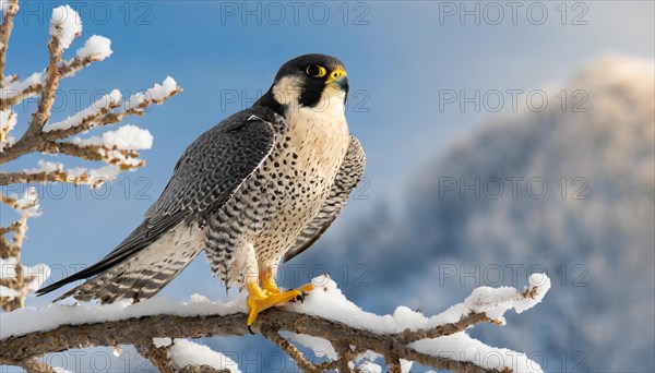 Ai generated, animal, animals, bird, birds, biotope, habitat, one, individual, sits, branch, perch, summer, peregrine falcon (Falco peregrinus) blue sky, ice, snow, winter