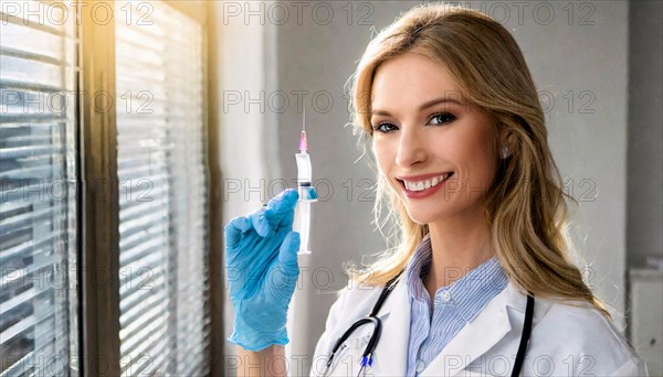 AI generated, RF, woman, woman, doctor, female doctor, 25, 30, years, attractive, attractive, doctor's office, holds a syringe in her hand, disposable syringe, flu shot, corona, pneumococcal, prevention, health, blonde, blonde, beautiful teeth, long hair