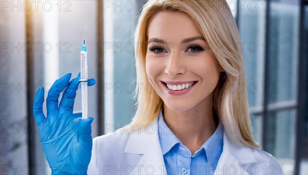 AI generated, RF, woman, woman, doctor, female doctor, 25, 30, years, attractive, attractive, doctor's office, holds a syringe in her hand, disposable syringe, flu shot, corona, pneumococcal, prevention, health, blonde, blonde, beautiful teeth, long hair