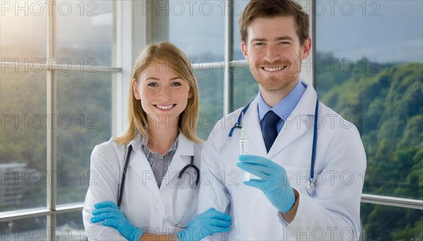 Ai generated, RF, woman, woman, man, men, doctor, female doctor, two, 30-35, years, attractive, attractive, doctor's office, holds a syringe in her hand, disposable syringe, flu shot, corona, pneumococcal, prevention, health, blond, blonde, blonde, beautiful teeth, long hair, two people