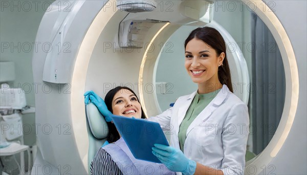 AI generated, RF, woman, woman, doctor, doctors, female doctor, 30, 35, years, attractive, attractive, doctor's office, CT, scan, computer tomography, computer tomography, preventive care, health, smiles, beautiful teeth, generates a three-dimensional X-ray image, modern X-ray machine, X-rays, X-ray image, patient, AI generated