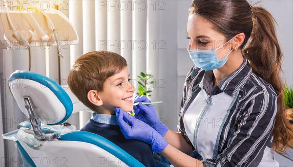 AI generated, dentist treats little boy, dentist, blonde, 30, 35, years, dental treatment, follow-up, AI generated