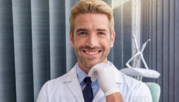 A friendly dentist in his practice, 35, portrait, attractive, attractive, friendly, friendly, profession, professions, AI generated