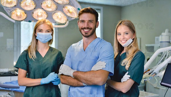 AI generated, RF, woman, woman, man, doctor, doctor team, team, 30, years, attractive, attractive, doctor's office, operating theatre, operating room, examination, prevention, health, blond, blonde, blonde, beautiful teeth, long hair, beard bearer, three people, two. woman, one doctor, AI generated