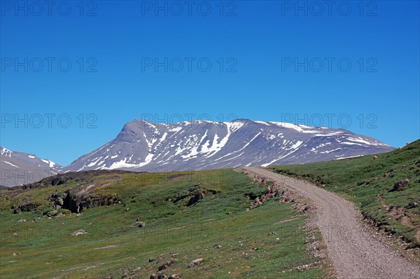 Meadow and barren mountain landscape with snow, narrow path, no people, Igaliku, North America, Greenland, Denmark, North America