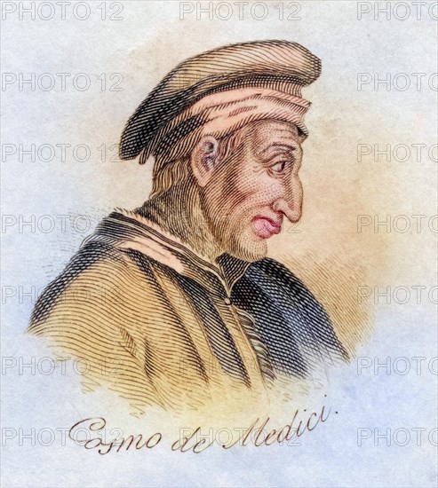 Cosimo de Medici surname Cosimo the Elder Italian Cosimo Il Vecchio Latin surname Pater Patriae Father of his country 1389-1464 Founder of one of the main lines of the Medici family that ruled Florence from 1434 to 1537 from the book Crabbs Historical Dictionary from 1825, Historical, digitally restored reproduction from a 19th century original, Record date not stated