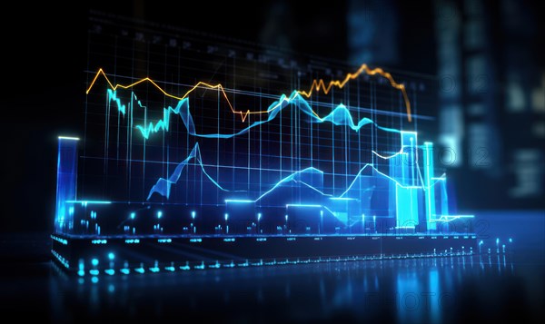 Abstract glowing business chart on dark background. Finance and trade concept AI generated