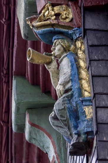 Carved wooden figure on a historic half-timbered house, Morlaix, Departements Finistere, Brittany, France, Europe