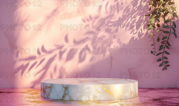 Pink marble podium with shadow of leaves and rose quartz texture background AI generated