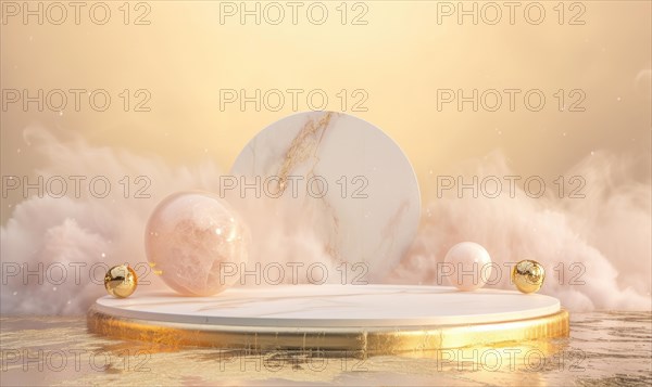 Podium for product presentation. Abstract background with empty round stage with gold decoration and rose quartz AI generated