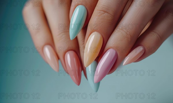 Female hands with pink and beige nail design. Nail polish manicure AI generated