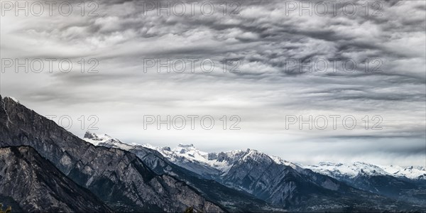 Mountain landscape with cloudy sky, mountains, mountain, alpine, gloomy, cloud, weather, panorama, cloudy sky, nature, landscape, tourism, travel, mountain landscape, Swiss Alps, Valais, Switzerland, Europe