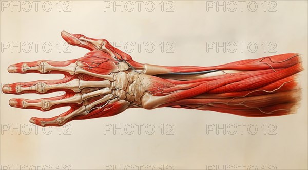 Detailed medical illustration of a dissected hand showing muscles and skeletal structure, AI generated