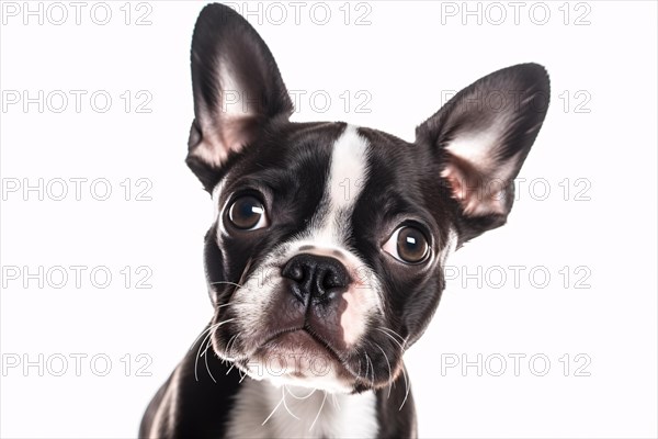 Portriat of Boston Terrier dog on white background. KI generiert, generiert AI generated