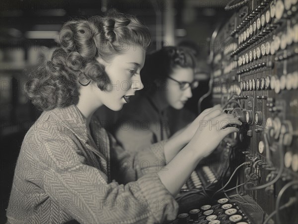 Factory work of the last century (around 1960) women work diligently as telephone operators, AI generated, retro, vintage