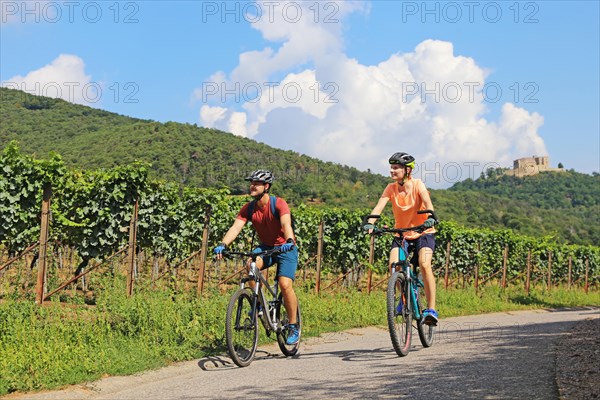 Symbolic image: Young couple on a cycle tour in the Palatinate near Maikammer. Vines and Hambach Castle in the background