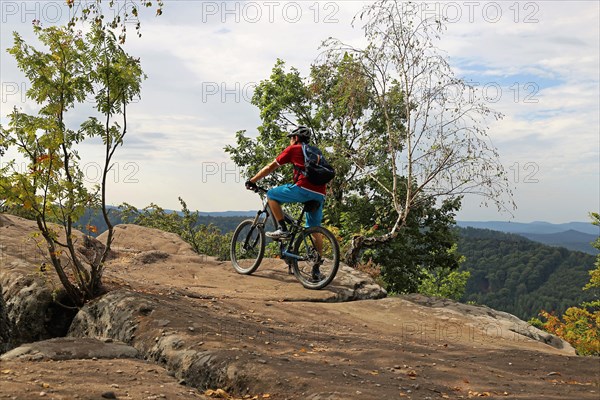 Mountain biker enjoys the view of the Palatinate Forest from the Drachenfels plateau