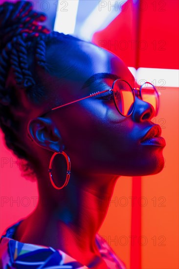 Woman in profile with reflective glasses, surrounded by red neon lights emphasising her Afro hairstyle, AI generated, AI generated