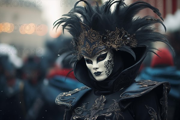 A person adorned in a richly detailed mask and costume, capturing the essence of the Venice Carnival s grandeur and mystery, AI generated