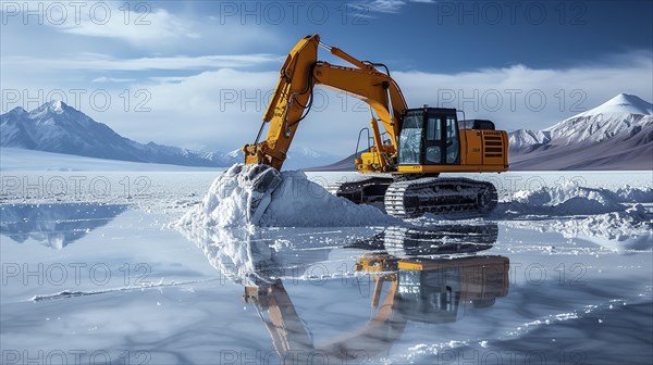 Lithium mining in a white salt lake in South America, AI generated