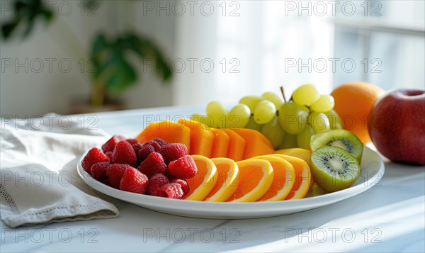 Fresh fruits on a white plate in the kitchen. Healthy eating AI generated