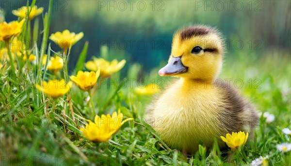 KI generated, animal, animals, bird, birds, biotope, habitat, one, single animal, foraging, wildlife, duck, ducks, domestic duck, female, (Anas platyrhynchos) white, white, yellow ducklings, young animals, animal children, two, three, four, white duck mother with yellow chicks, excursion, water, meadow, grass, spring, summer, flowers, pond, swimming, sitting, farm animal, domestic animal