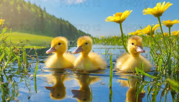 KI generated, animal, animals, bird, birds, biotope, habitat, one, single animal, foraging, wildlife, duck, ducks, domestic duck, female, (Anas platyrhynchos) white, white, yellow ducklings, young animals, animal children, two, three, four, white duck mother with yellow chicks, excursion, water, meadow, grass, spring, summer, flowers, pond, swimming, sitting, farm animal, domestic animal