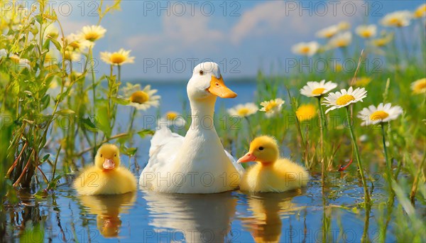 KI generated, animal, animals, bird, birds, biotope, habitat, one, single animal, foraging, wildlife, duck, ducks, domestic duck, female, (Anas platyrhynchos) white, white, yellow ducklings, young animals, animal children, two, three, four, white duck mother with yellow chicks, excursion, water, meadow, grass, spring, summer, flowers, pond, swimming, sitting, farm animal, domestic animal