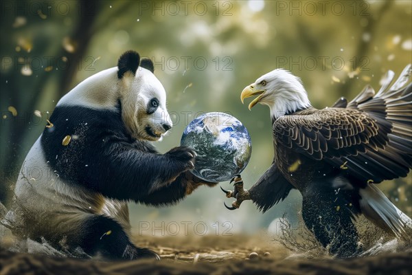 A panda and a bald eagle fight over a globe, symbolising the cultural, ideological and economic dominance in the world between China and the USA, AI generated, AI generated