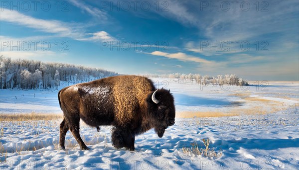 AI generated, animal, animals, mammal, mammals, biotope, habitat, one, individual animal, foraging, wildlife, bison, North America, buffalo, wild cattle, (Bison bonasus), ice, snow, winter, winter landscape