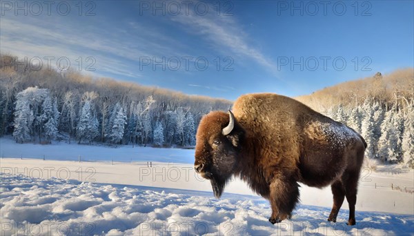 AI generated, animal, animals, mammal, mammals, biotope, habitat, one, individual animal, foraging, wildlife, bison, North America, buffalo, wild cattle, (Bison bonasus), winter, ice, snow, winter landscape