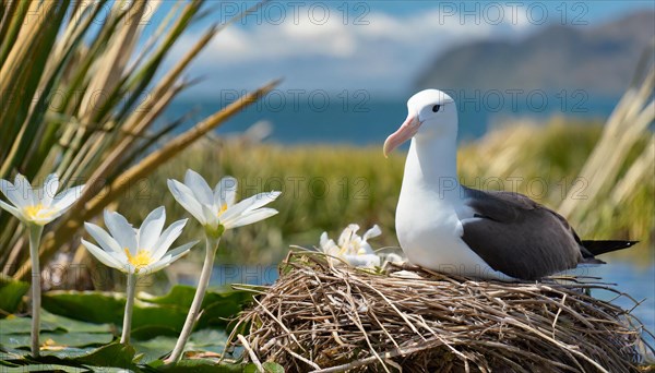 Ai generated, animal, animals, bird, birds, biotope, habitat, a, individual, swims, waters, reeds, water lilies, blue sky, foraging, wildlife, summer, seasons, albatross, (Diomedea exulans), wandering albatross, southern hemisphere, oceans, South Georgia, Falkland, tube-nosed, breeds, ground, nest