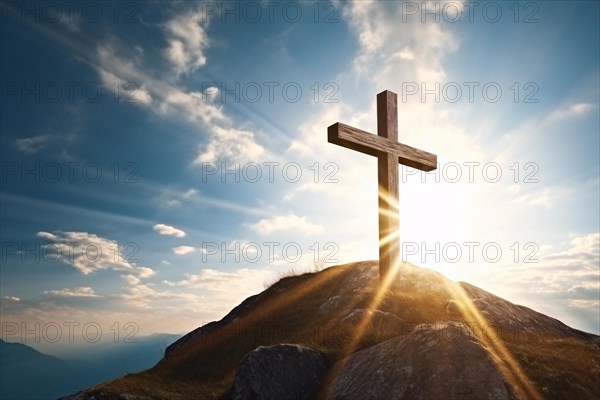 Cross on mountain top with rays of sunlight. Easter and Christianity concept. KI generiert, generiert AI generated