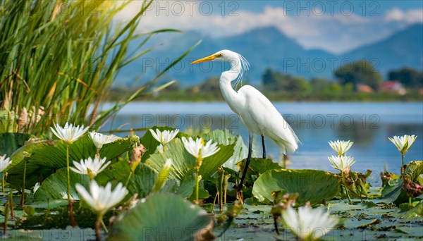 KI generated, animal, animals, bird, birds, biotope, habitat, a, individual, water, reeds, water lilies, blue sky, foraging, wildlife, summer, seasons, cattle egret (Bubulcus ibis)