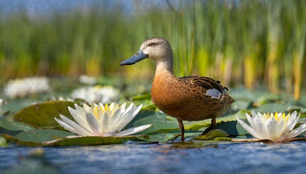 KI generated, animal, animals, bird, birds, biotope, habitat, a, individual, swims, water, reeds, water lilies, blue sky, foraging, wildlife, summer, seasons, northern shoveler (Spatula clypeata), female