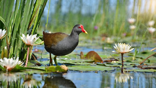 Ai generated, animal, animals, bird, birds, biotope, habitat, a, individual, swims, water, reeds, water lilies, blue sky, foraging, wildlife, summer, seasons, moorhen, moorhen rail, (Gallinula chloropos)