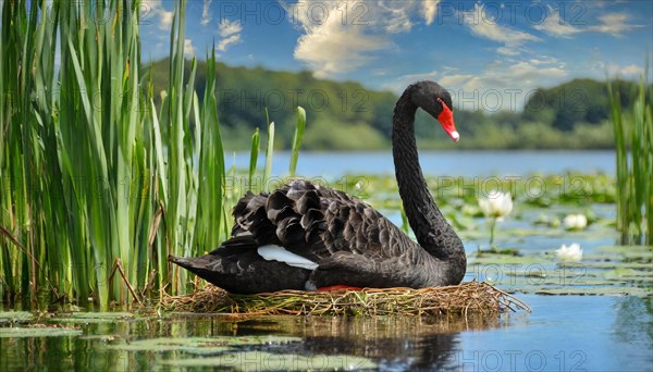 KI generated, animal, animals, bird, birds, biotope, habitat, one, individual, water, reed, blue sky, foraging, wildlife, summer, seasons, black swan (Cygnus atratus), Black Swan, snow, ice, winter