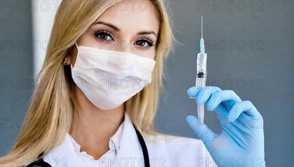 AI generated, RF, woman, woman, doctor, female doctor, 25, 30, years, attractive, attractive, doctor's office, holds a syringe in her hand, disposable syringe, flu shot, corona, pneumococcal, prevention, health, blonde, blonde, beautiful teeth, long hair