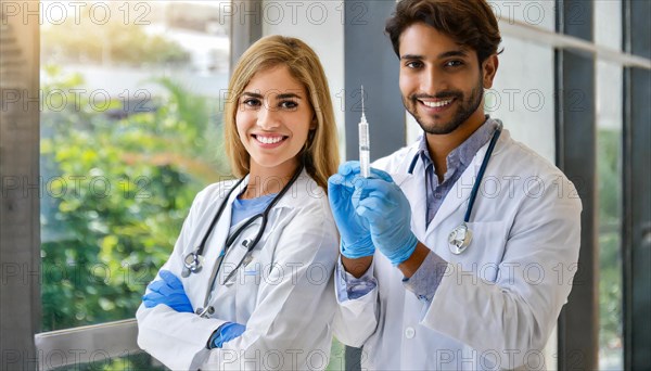 Ai generated, RF, woman, woman, man, men, doctor, female doctor, two, 30-35, years, attractive, attractive, doctor's office, holds a syringe in her hand, disposable syringe, flu shot, corona, pneumococcal, prevention, health, blond, blonde, blonde, beautiful teeth, long hair, two people