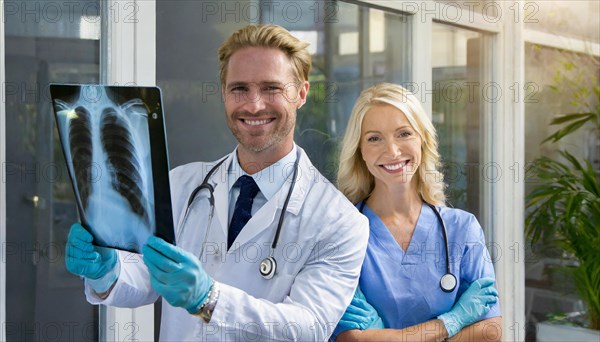 AI generated, RF, man, woman, woman, doctor, doctors, medical team, team, 30+, years, attractive, attractive, doctor's office, look at an x-ray, x-ray, examination, check-up, health, beard wearer, beautiful teeth, long hair, beard wearer, two people