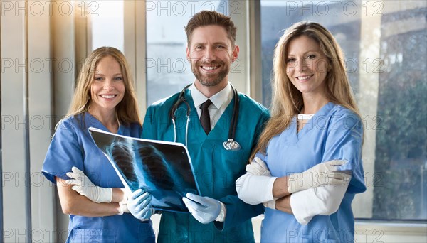 KI generated, RF, woman, woman, man, doctor, medical, medical team, team, 30+, years, attractive, attractive, medical practice, look at an x-ray, x-ray, examination, check-up, health, blond, blonde, blonde, beautiful teeth, long hair, beard bearer, three people